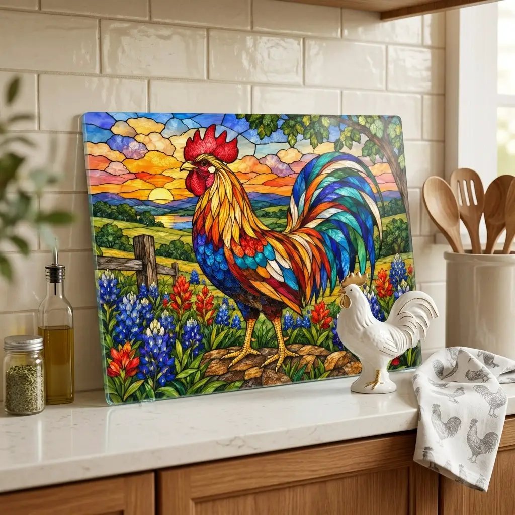 Rooster Glass Cutting Board, Bluebonnet Kitchen Decor, Colorful Farmhouse Rooster Art, Country Wildflower Decor, Stained Glass Gift