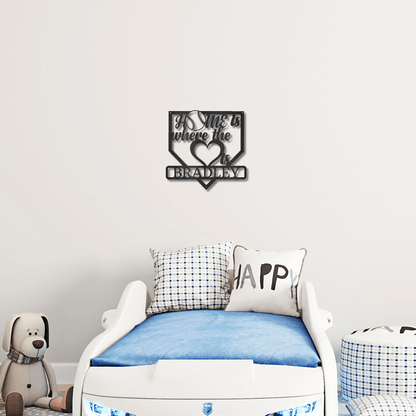 Baseball Home Is Where the Heart Is Custom Name Metal Art Wall Sign - Mallard Moon Gift Shop