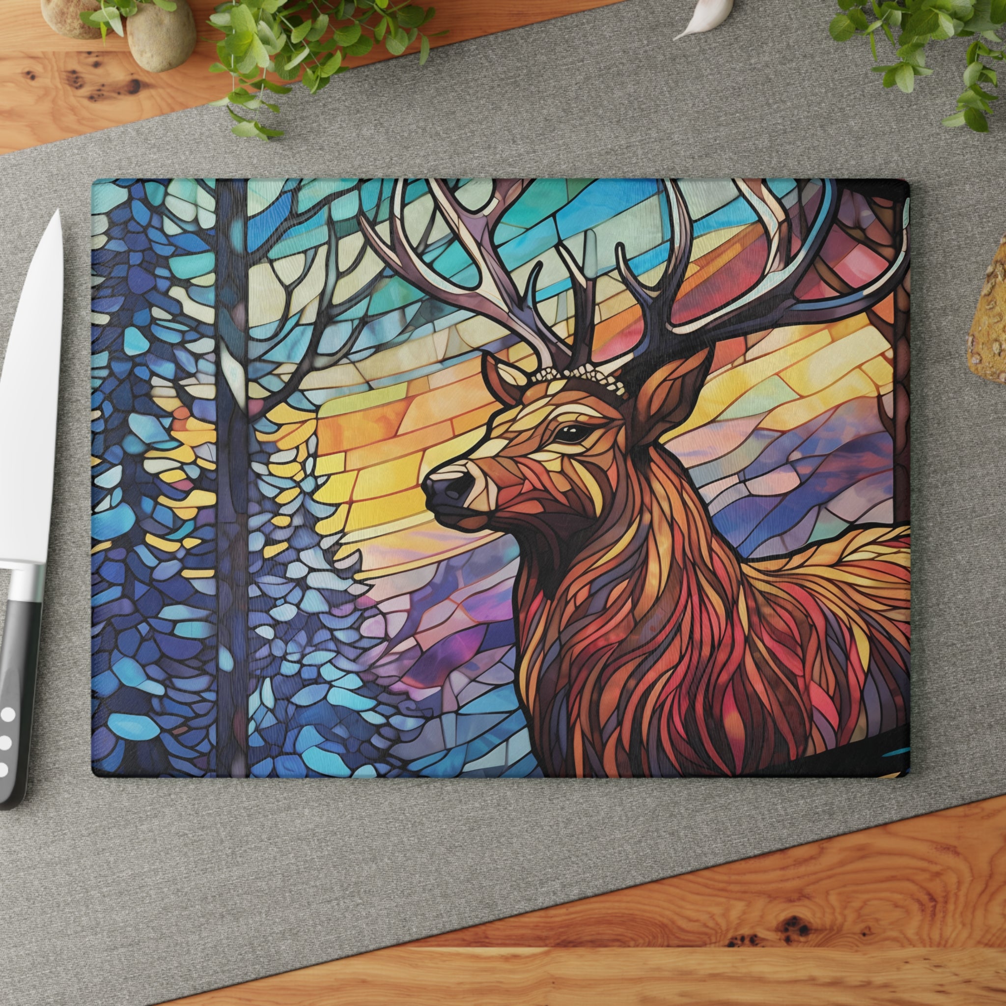 Stained Glass Stag Glass Cutting Board — Colorful Woodland Kitchen Decor