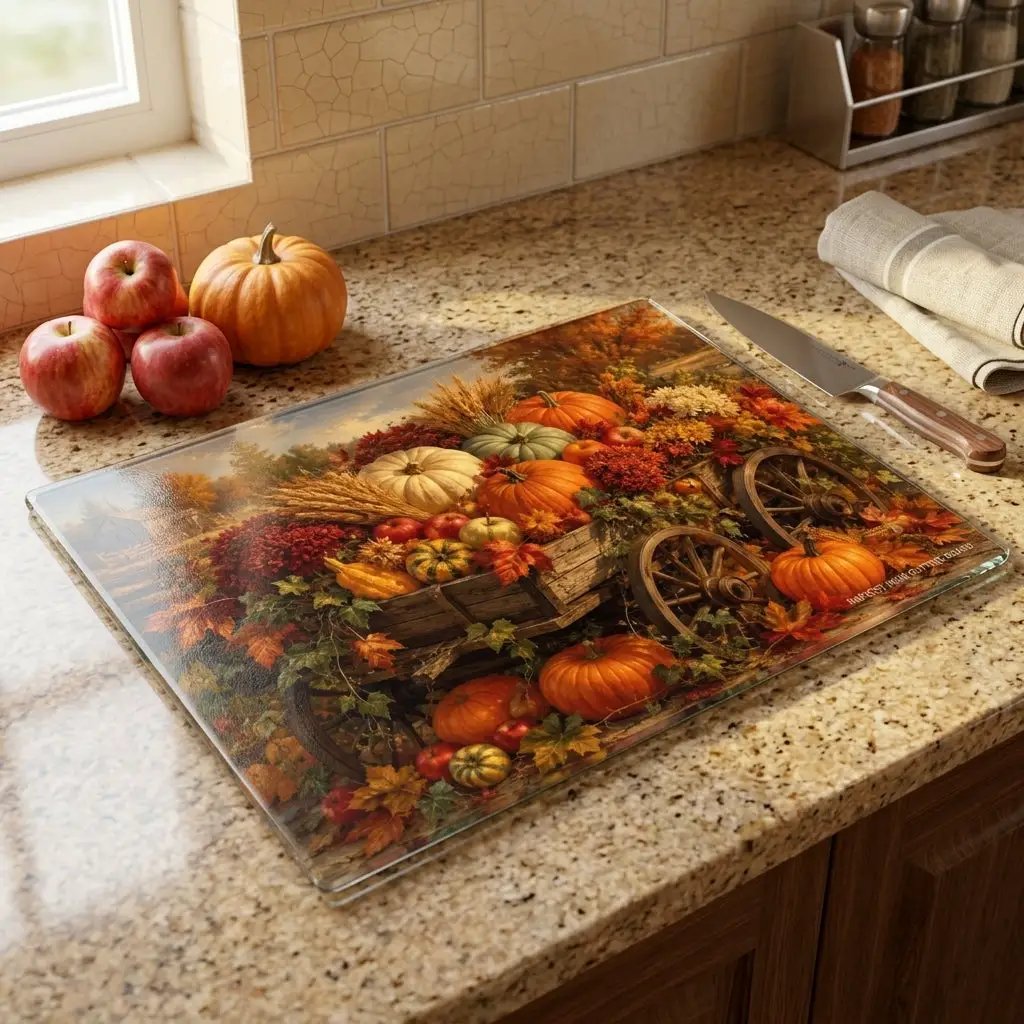 Fall Harvest Wagon Glass Cutting Board, Rustic Farmhouse Kitchen Decor, Pumpkin Cutting Board, Thanksgiving Gift
