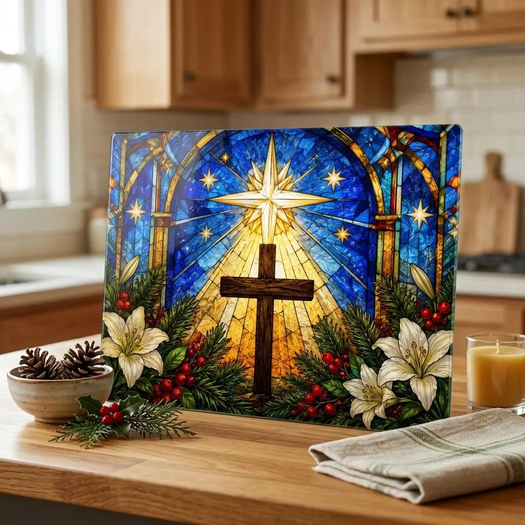 Christian Cross Glass Cutting Board, Stained Glass Christmas Decor, Religious Kitchen Gift, Star of Bethlehem Christian Gift
