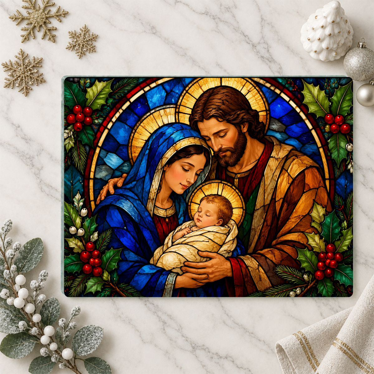 Holy Family Glass Cutting Board, Christian Christmas Gift, Nativity Kitchen Decor, Mary Joseph Baby Jesus, Religious Christmas Decor