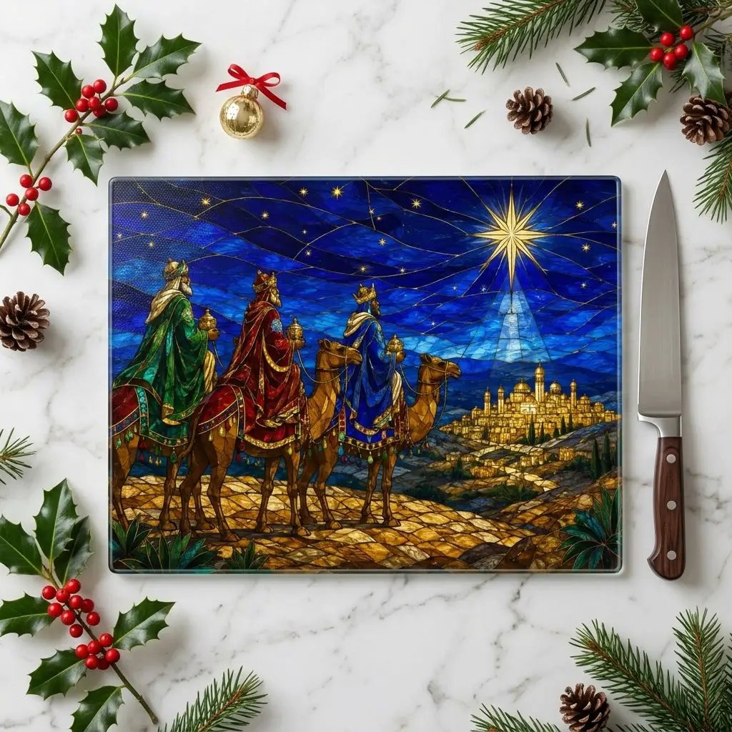 Three Wise Men Glass Cutting Board, Christian Christmas Gift, Magi Star of Bethlehem Decor, Religious Christmas, Stained Glass Art