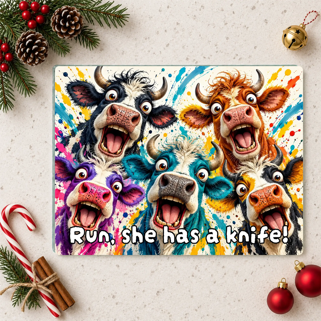 Screaming Cow Cutting Board, Funny Cow Glass Cutting Board, Colorful Cow Kitchen Decor, Farm Animal Gift, Cow Lover Gift