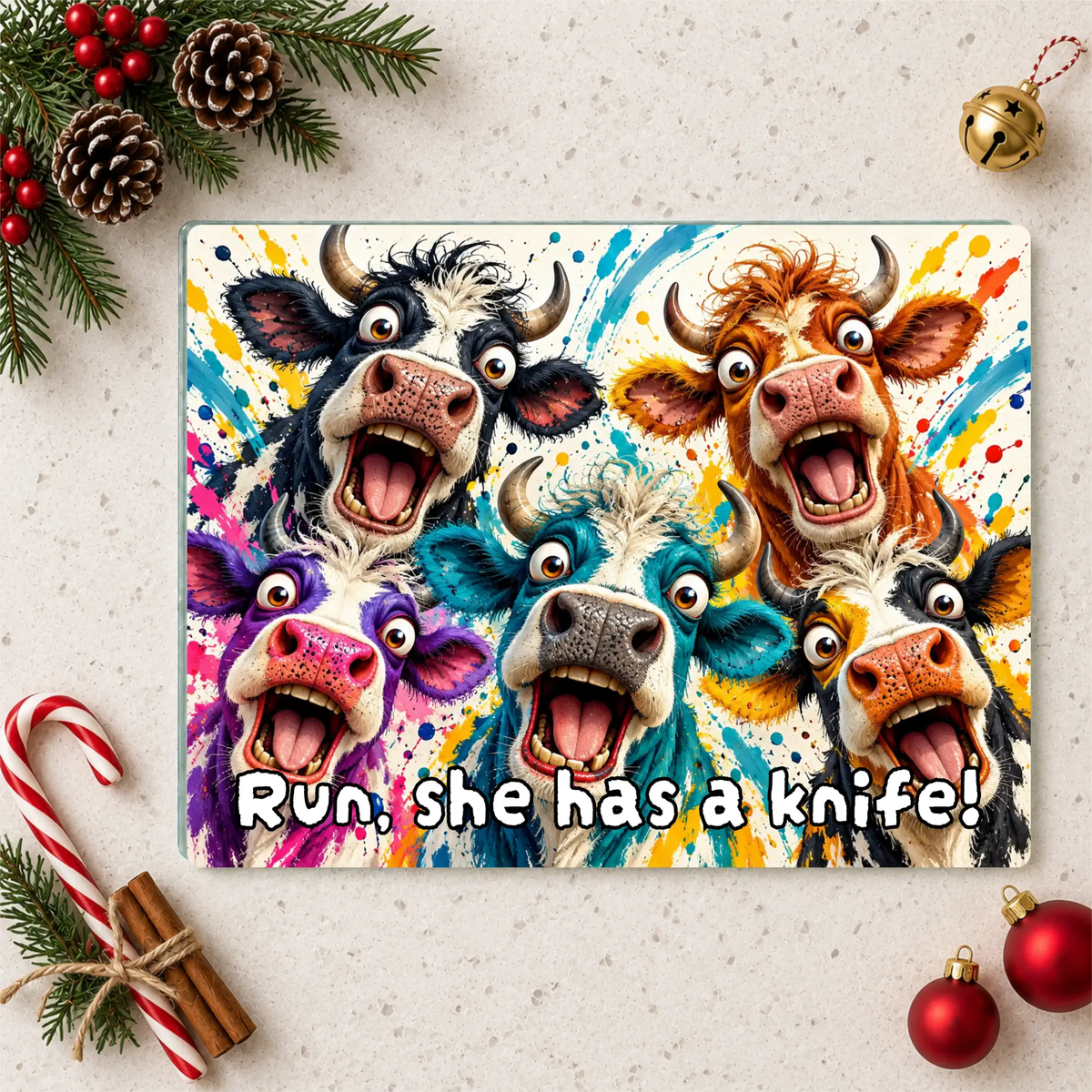 Screaming Cow Cutting Board, Funny Cow Glass Cutting Board, Colorful Cow Kitchen Decor, Farm Animal Gift, Cow Lover Gift