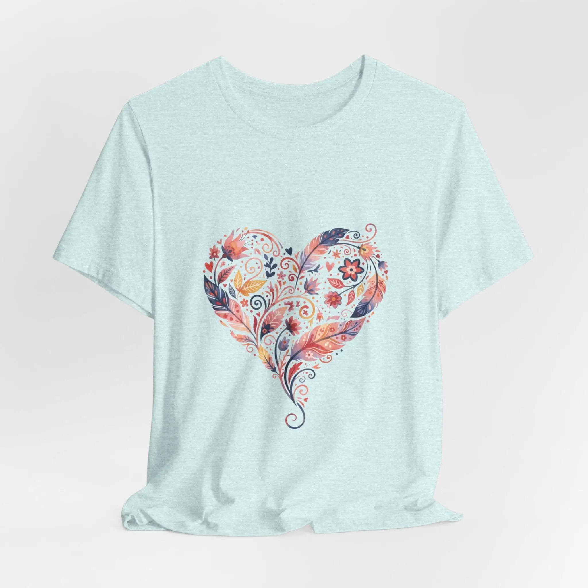 Floral Heart Graphic Tee — Boho Feather & Flower Design - Mallard Moon