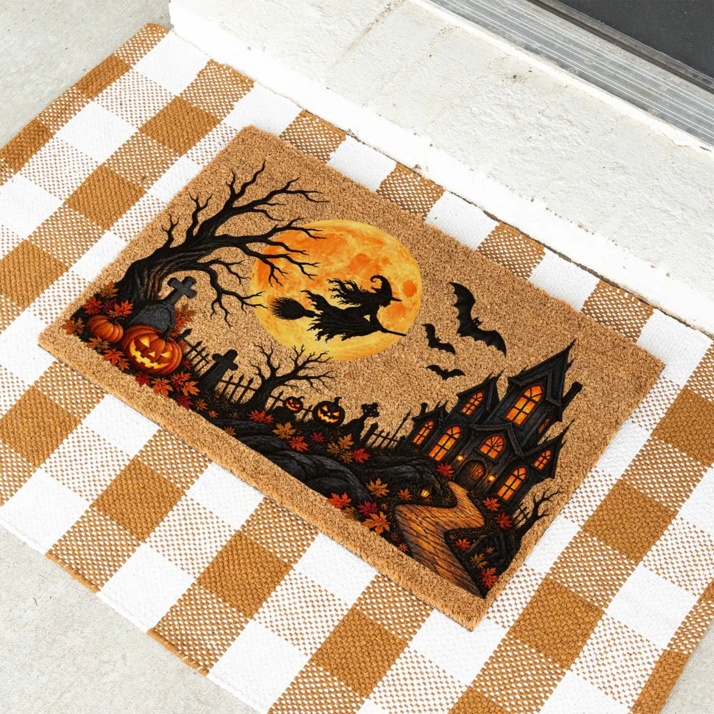 Halloween Witch Doormat, Haunted House Coir Welcome Mat, Spooky Graveyard Porch Decor, Full Moon Halloween Door Mat, Fall Entryway Decor