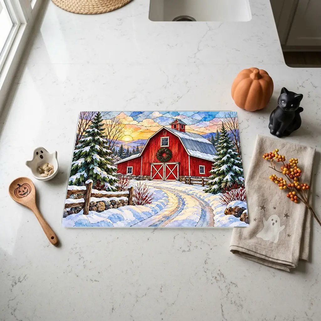 Winter Red Barn Glass Cutting Board, Snowy Country Road Farmhouse Kitchen Decor, Rustic Christmas Barn Gift