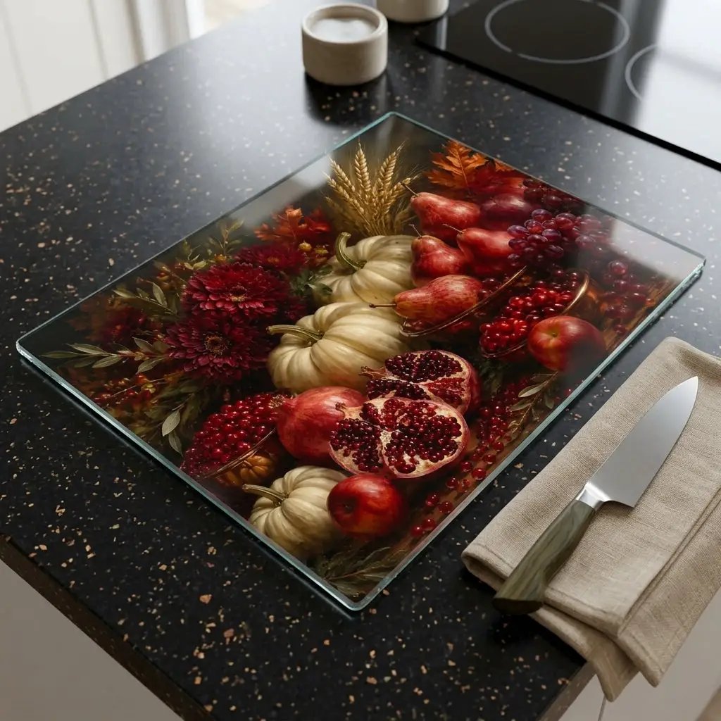 Pomegranate Glass Cutting Board, White Pumpkin Fall Kitchen Decor, Elegant Autumn Cutting Board, Harvest Kitchen Gift
