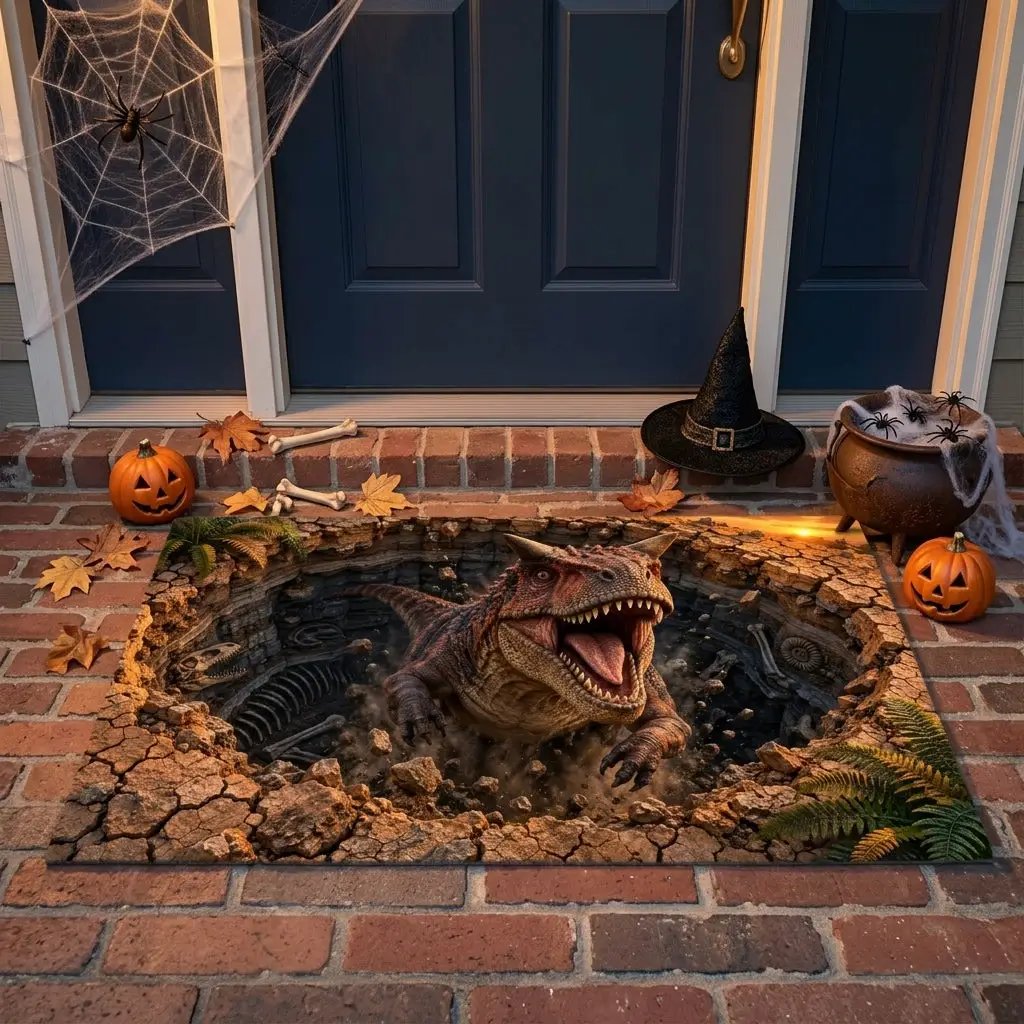 Carnotaurus 3D Optical Illusion Doormat, Dinosaur Fossil Pit Floor Mat, Prehistoric Dinosaur Door Mat, Dino Lover Gift