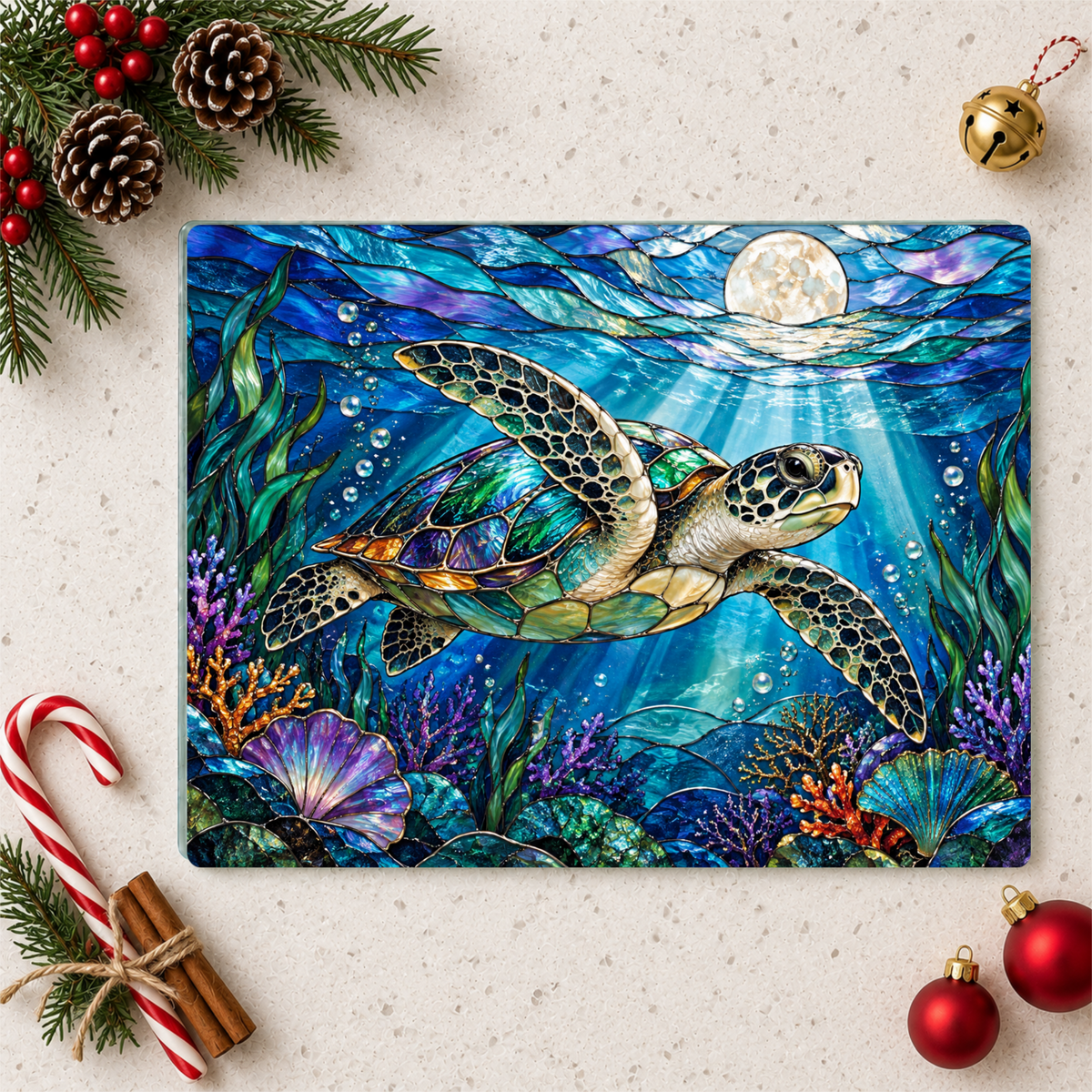Sea Turtle Cutting Board, Ocean Kitchen Decor, Underwater Sea Life Chopping Board, Moonlit Marine Animal Gift, Coastal Kitchen Accent