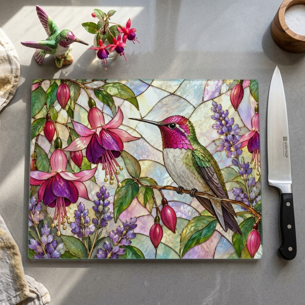 Hummingbird Cutting Board, Stained Glass Hummingbird Decor, Fuchsia Flower Kitchen Decor, Bird Lover Gift, Garden Lover Gift