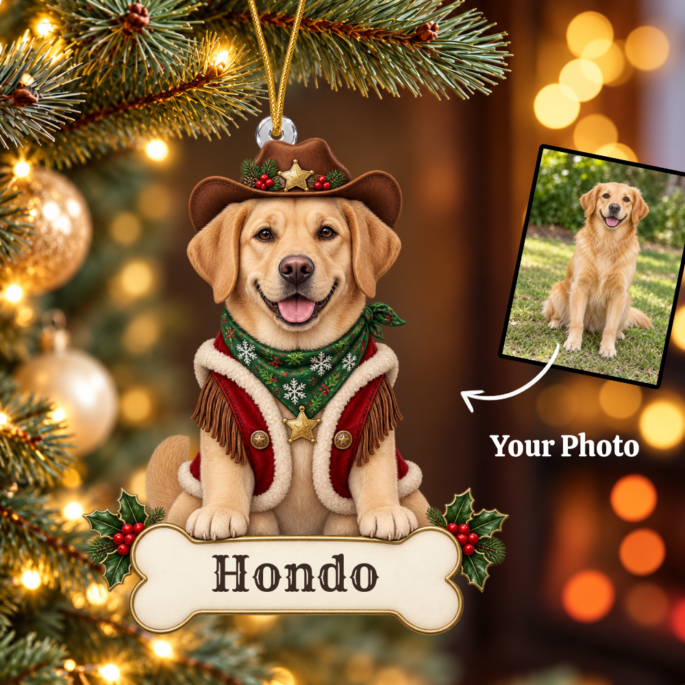 Personalized Cowboy Dog Christmas Ornament from Photo, Custom Pet Portrait Acrylic Cutout, Western Christmas Decor, Dog Lover Gift