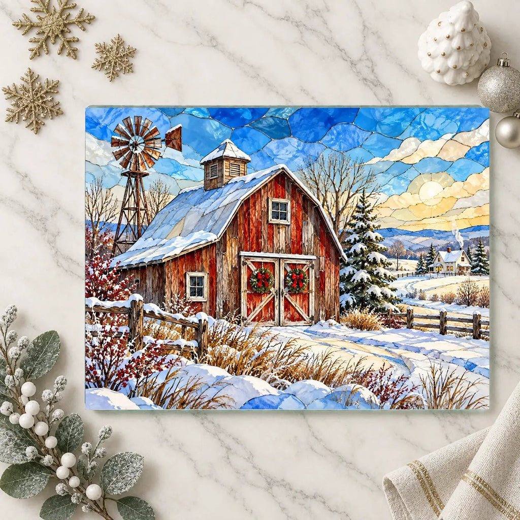 Winter Windmill Farm Glass Cutting Board, Red Barn Country Kitchen Decor, Rustic Farmhouse Christmas Gift