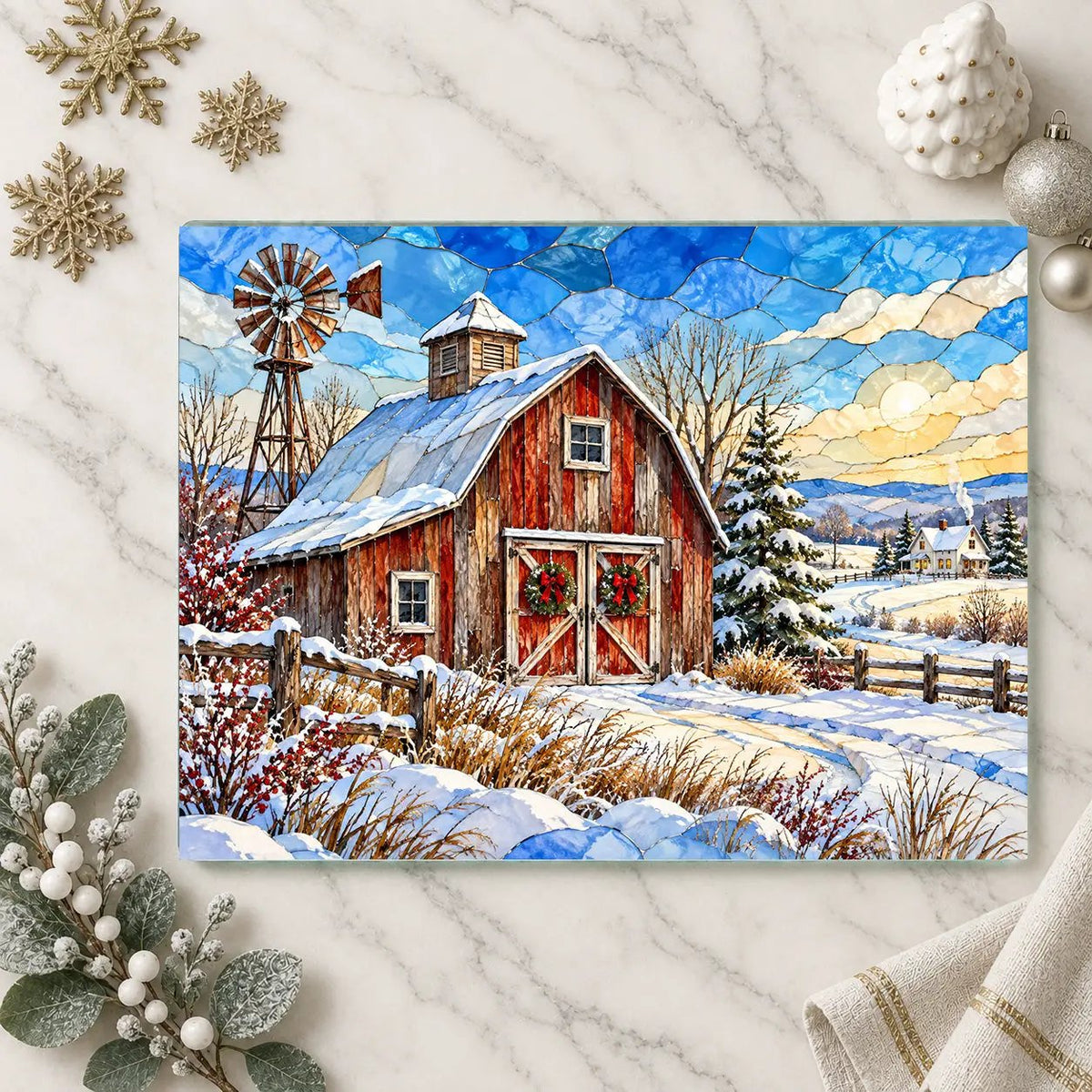 Winter Windmill Farm Glass Cutting Board, Red Barn Country Kitchen Decor, Rustic Farmhouse Christmas Gift