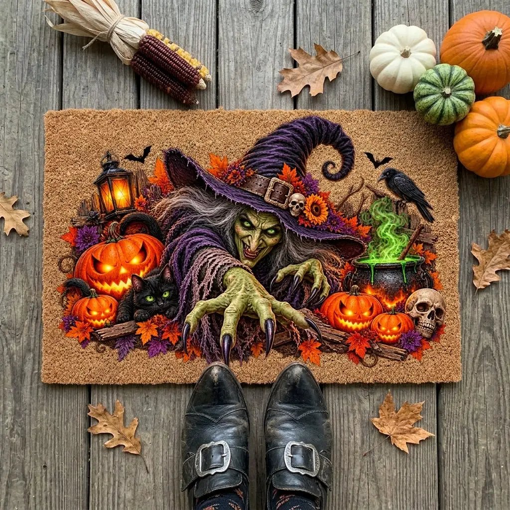 Horror Witch Doormat, Scary Halloween Coir Mat, Creepy Witch & Black Cat Welcome Mat, Pumpkin Porch Decor, Haunted House Door Mat