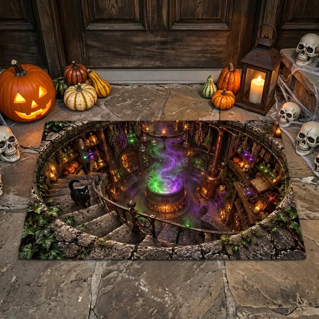 Witch Cauldron Halloween Doormat, 3D Witch Stairwell Illusion Door Mat, Black Cat Spooky Welcome Mat, Witchy Halloween Decor