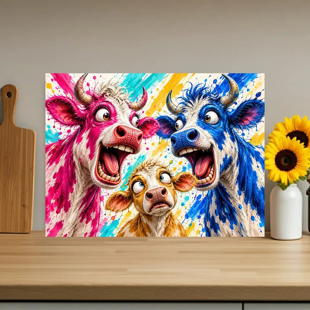 Funny Cow Family Cutting Board, Screaming Cow Kitchen Decor, Colorful Farmhouse Gift, Cow Lover Glass Cutting Board