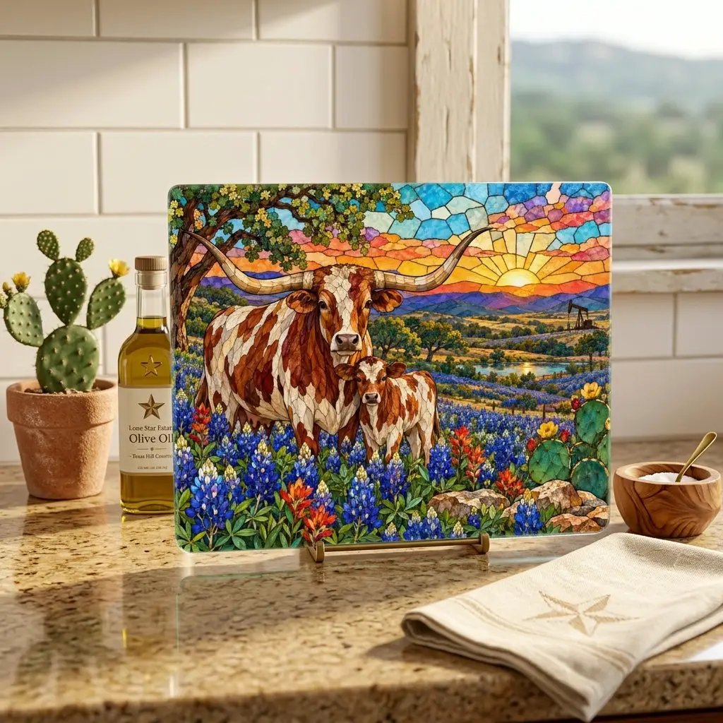 Texas Longhorn Glass Cutting Board, Bluebonnet Ranch Kitchen Decor, Western Farmhouse Gift, Texas Country Decor, Longhorn Cattle Art
