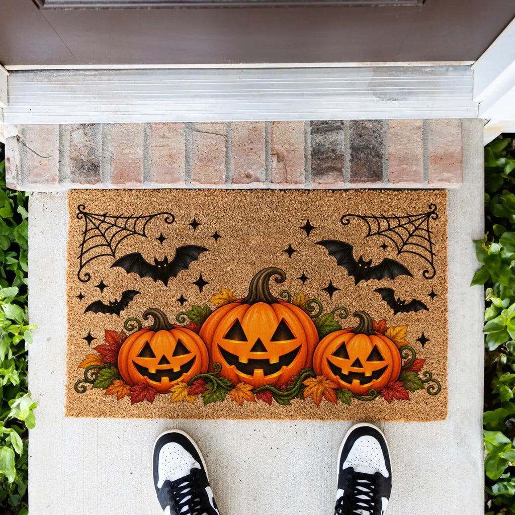 Halloween Pumpkin Doormat, Jack O Lantern Coir Welcome Mat, Fall Front Porch Decor, Spooky Bat Door Mat, Autumn Halloween Entryway