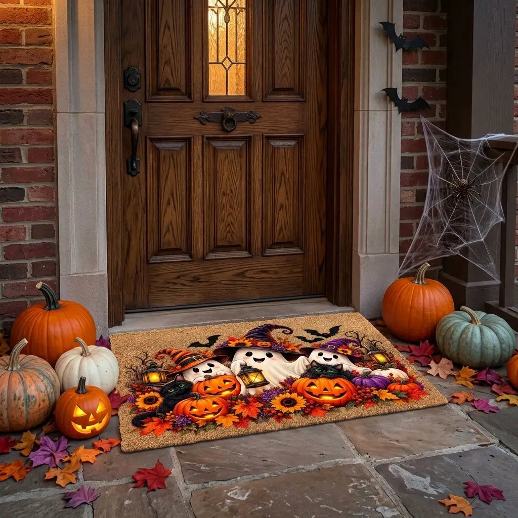Halloween Ghost Doormat, Black Cat & Pumpkin Coir Mat, Cute Spooky Welcome Mat, Witch Ghost Fall Porch Decor, Halloween Door Mat