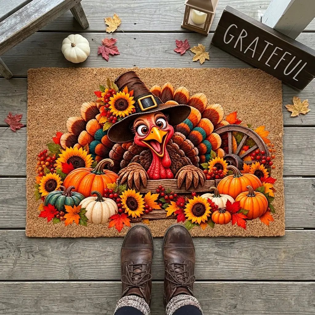Thanksgiving Turkey Doormat, Funny Turkey Coir Mat, Fall Harvest Welcome Mat, Pumpkin & Sunflower Porch Decor, Thanksgiving Door Mat