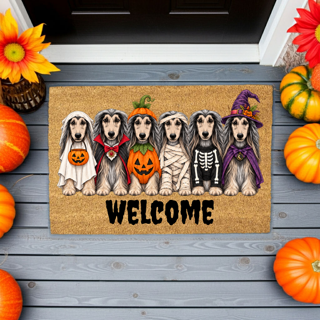 Dog Breed Personalized Halloween Costume Doormat, Custom Dog Welcome Mat, Halloween Coir Doormat, Family Name Dog Lover Gift