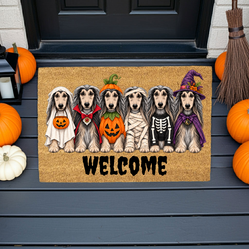 Dog Breed Personalized Halloween Costume Doormat, Custom Dog Welcome Mat, Halloween Coir Doormat, Family Name Dog Lover Gift