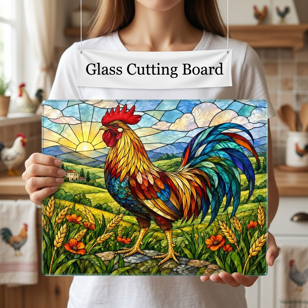Rooster Glass Cutting Board, Colorful Farmhouse Kitchen Decor, Stained Glass Rooster Art, Country Kitchen Gift, Rustic Farm Decor