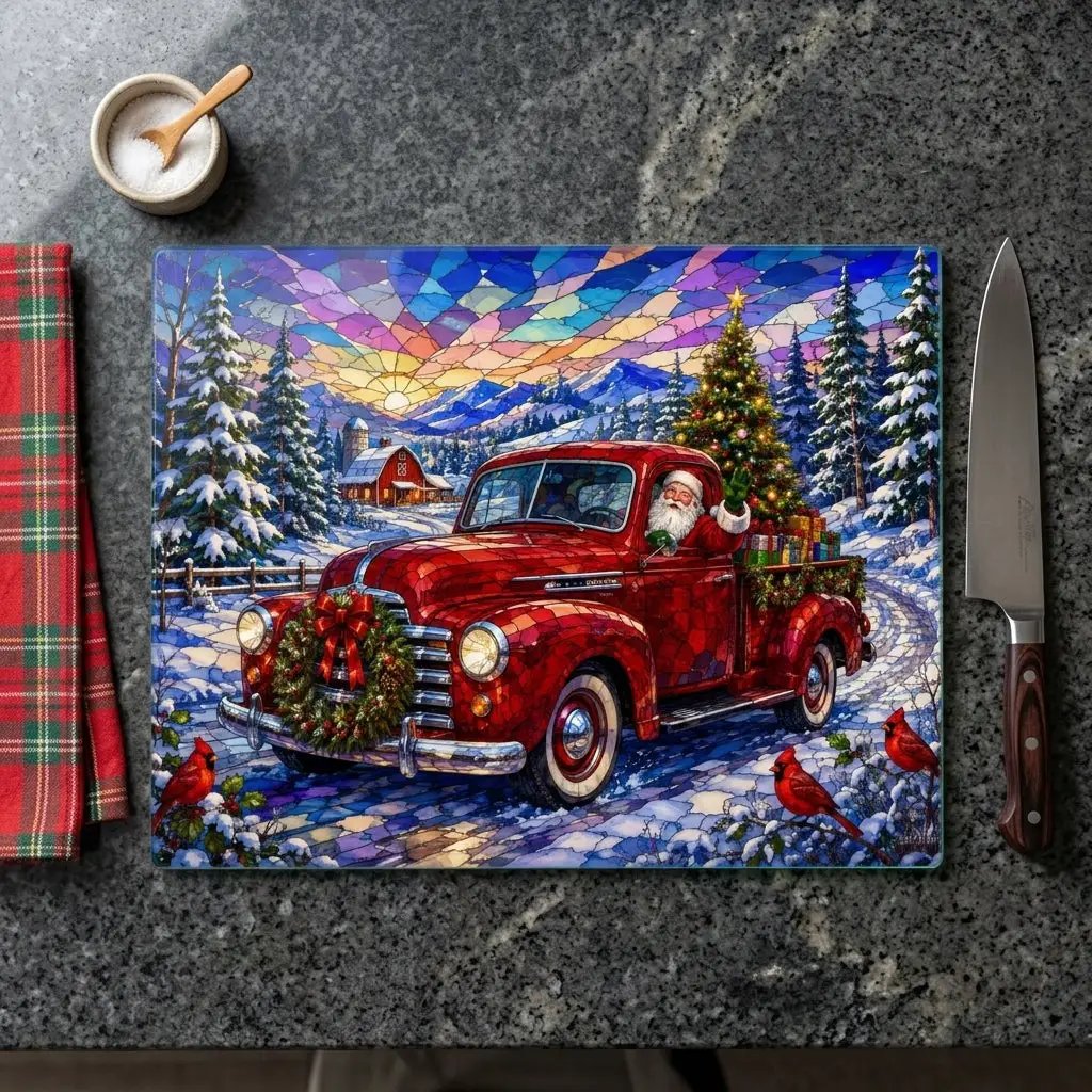 Santa Vintage Truck Glass Cutting Board, Christmas Farmhouse Kitchen Decor, Stained Glass Santa Claus, Red Pickup Holiday Gift