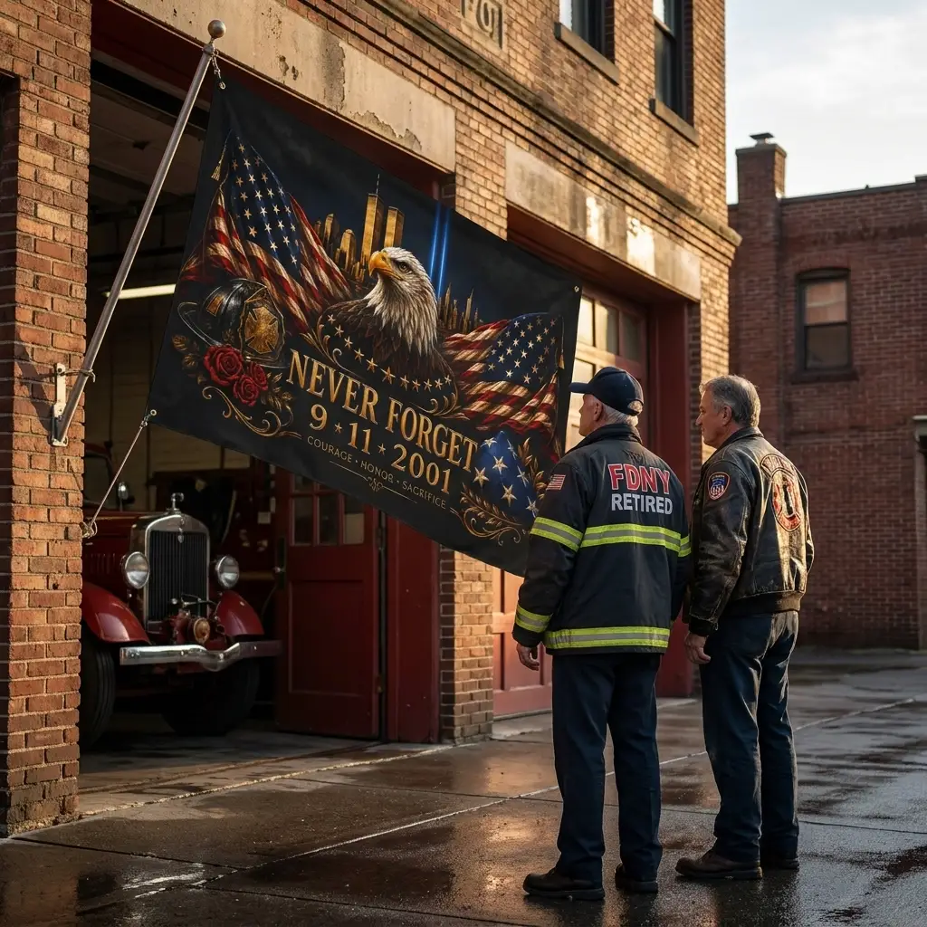 Never Forget 9/11 Double-Sided Memorial Flag – Eagle & Firefighter Tribute