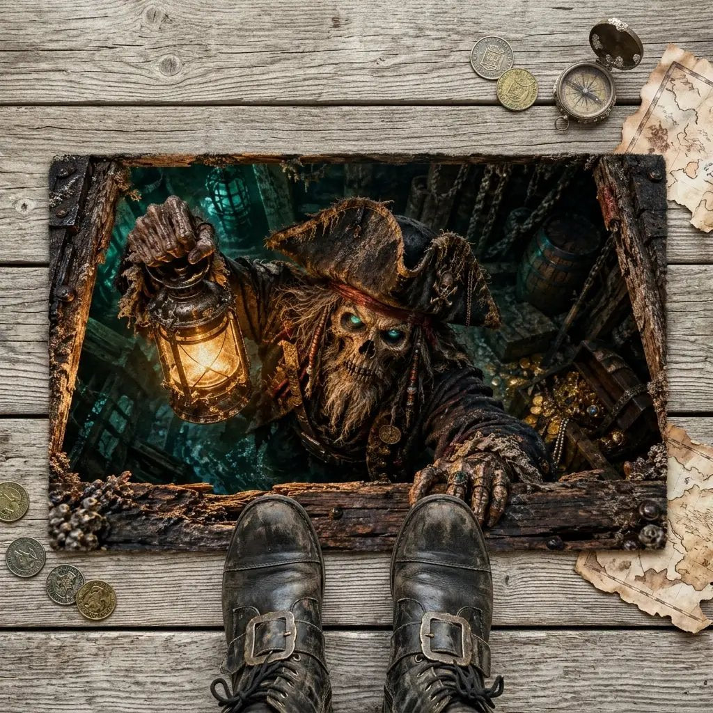 Pirate Doormat, Ghost Ship 3D Optical Illusion Door Mat, Haunted Pirate Halloween Mat, Skeleton Pirate Porch Decor, Spooky Welcome Mat