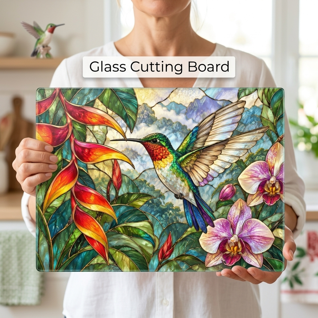 Hummingbird Cutting Board, Stained Glass Bird Decor, Tropical Orchid Kitchen Decor, Floral Hummingbird Gift, Nature Lover Gift
