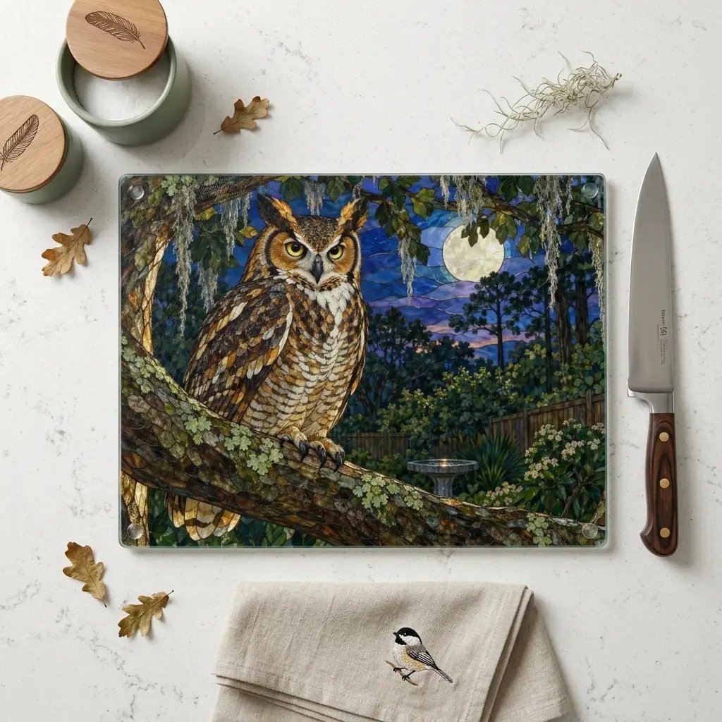 Great Horned Owl Glass Cutting Board, Owl Kitchen Decor, Backyard Bird Lover Gift, Birdwatcher Gift, Woodland Serving Board