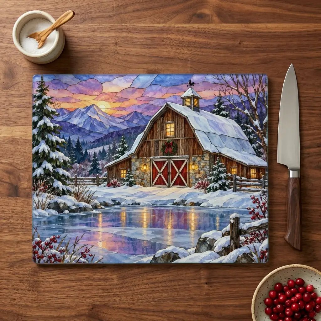 Evergreen Winter Barn Glass Cutting Board, Country Farmhouse Kitchen Decor, Snowy Mountain Barn Christmas Gift