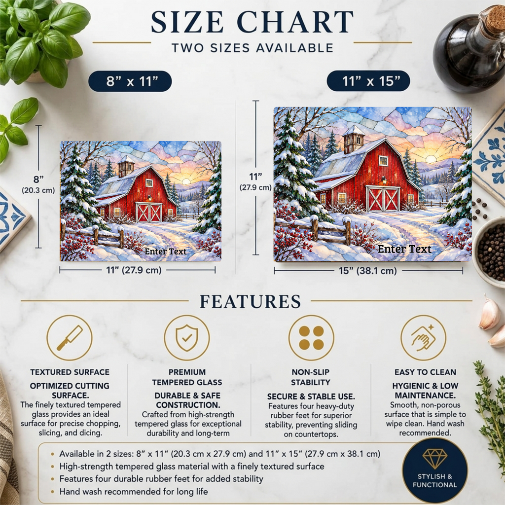 Winter Country Barn Glass Cutting Board, Red Barn Farmhouse Kitchen Decor, Snowy Rustic Country Christmas Gift