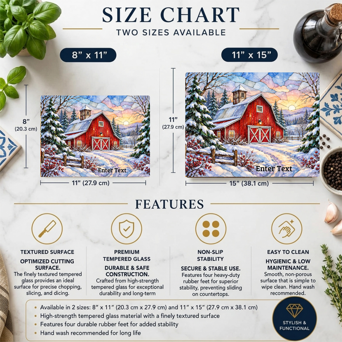 Winter Country Barn Glass Cutting Board, Red Barn Farmhouse Kitchen Decor, Snowy Rustic Country Christmas Gift