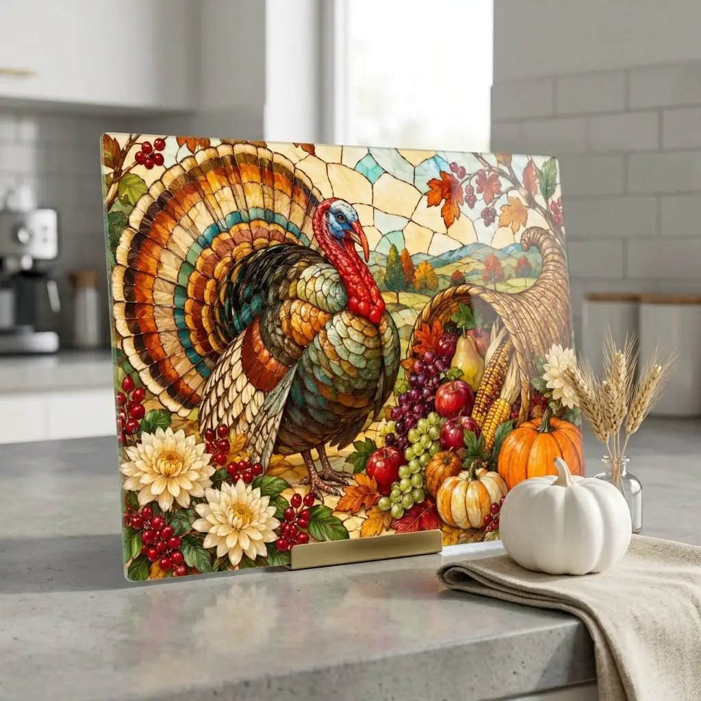 Thanksgiving Turkey Glass Cutting Board, Stained Glass Harvest Kitchen Decor, Fall Turkey Chopping Board, Country Thanksgiving Gift