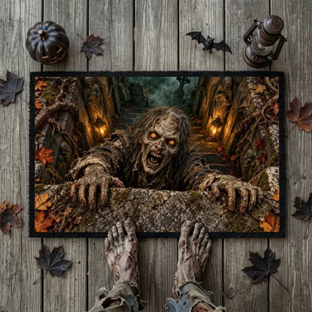 Zombie 3D Illusion Doormat, Graveyard Halloween Door Mat, Undead Zombie Welcome Mat, Haunted Crypt Optical Illusion, Spooky Porch Decor