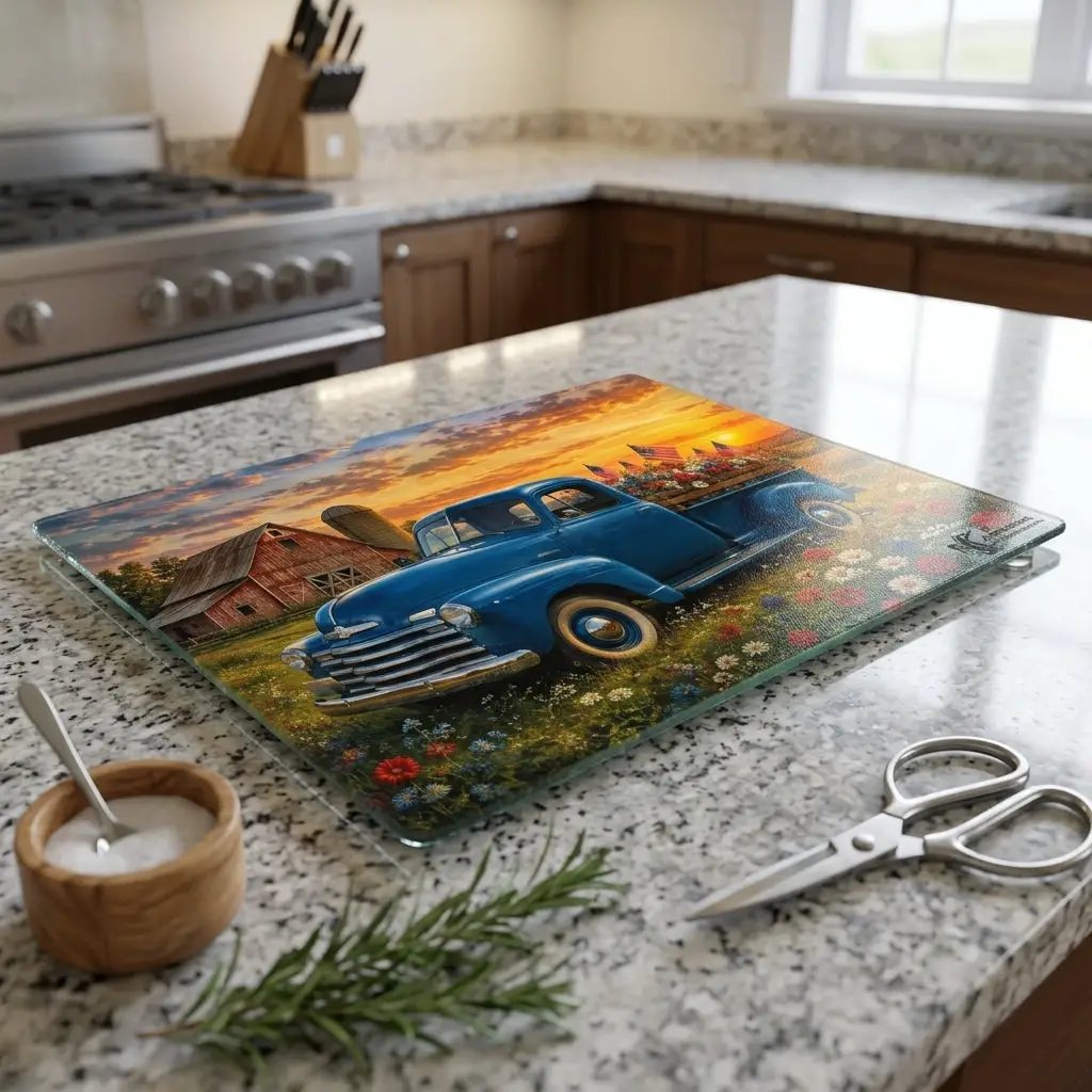 Vintage Blue Truck Glass Cutting Board, Patriotic Country Kitchen Decor, American Flag Farmhouse Gift, Rustic Patriotic USA Decor