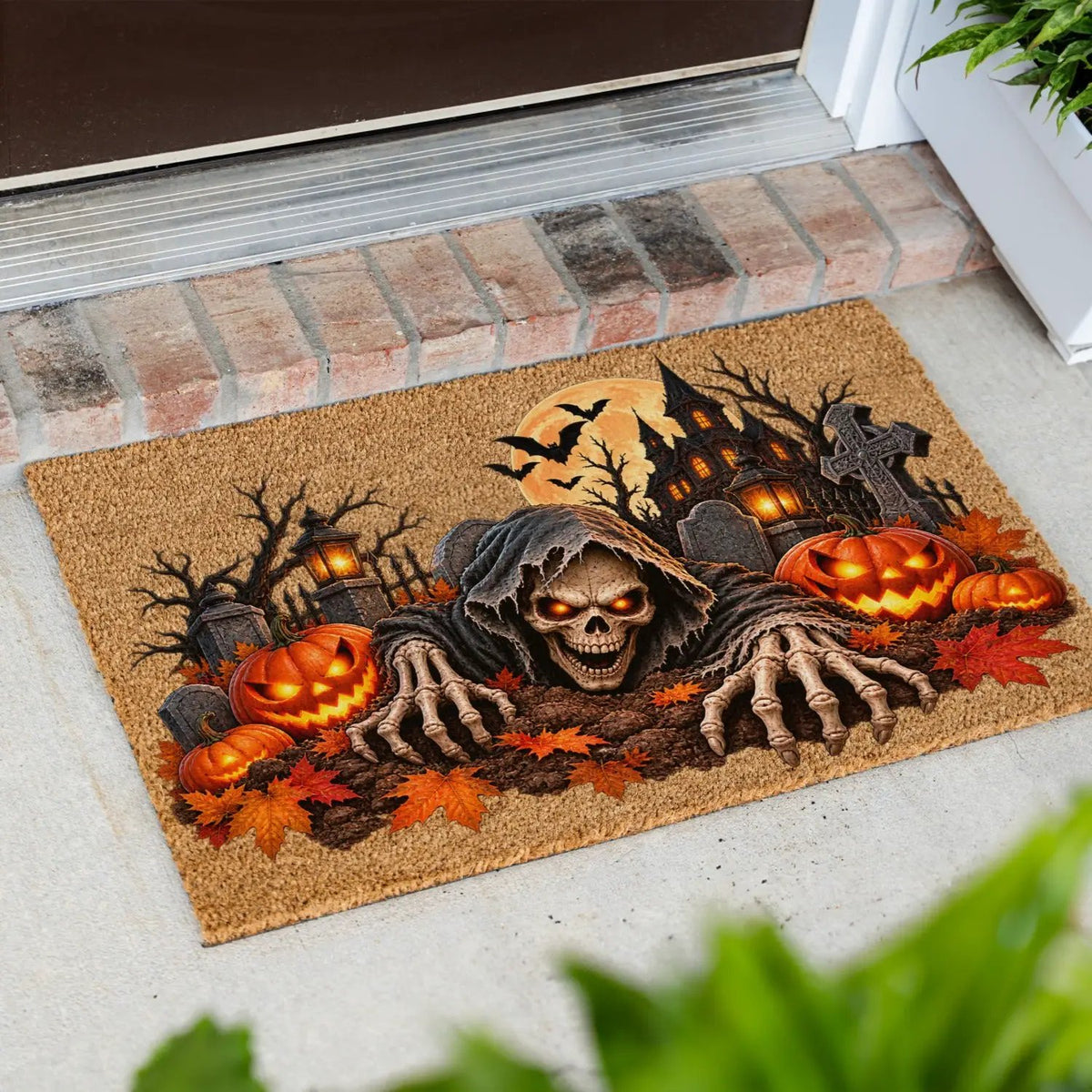 Creepy Skeleton Doormat, Grim Reaper Halloween Coir Mat, Scary Jack O Lantern Welcome Mat, Haunted House Spooky Porch Decor