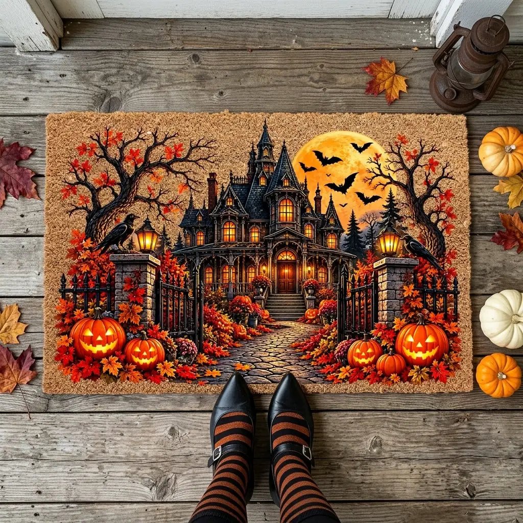 Spooky Mansion Doormat, Haunted House Halloween Welcome Mat, Raven & Pumpkin Coir Doormat, Gothic Fall Porch Decor, Halloween Door Mat
