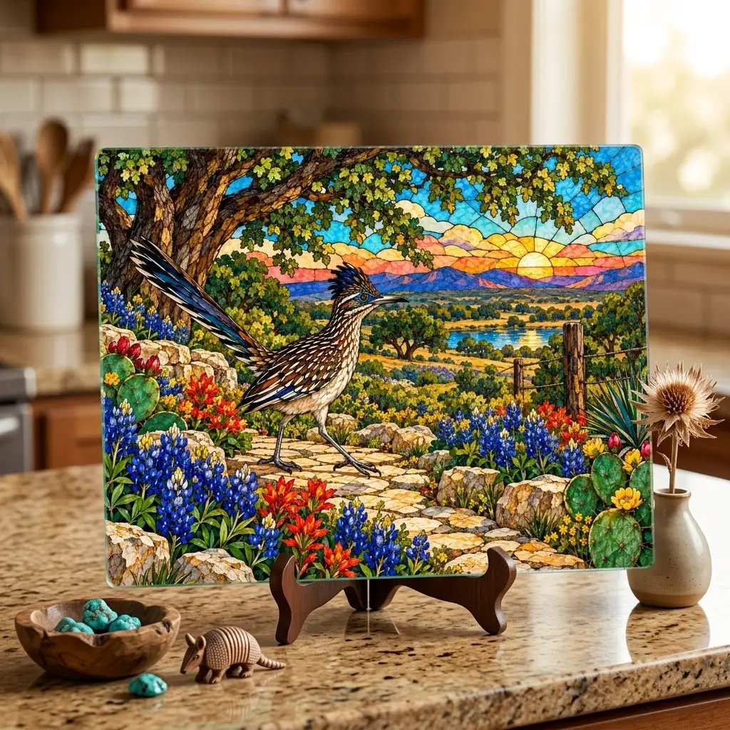 Texas Roadrunner Glass Cutting Board, Bluebonnet Kitchen Decor, Hill Country Wildlife Art, Southwestern Bird Gift, Texas Housewarming