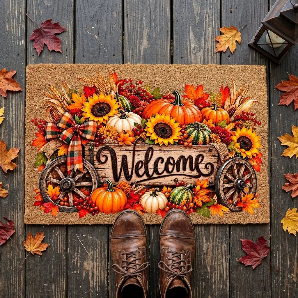 Harvest Wagon Welcome Doormat, Fall Coir Door Mat, Pumpkin Sunflower Welcome Mat, Autumn Farmhouse Porch Decor, Thanksgiving Doormat