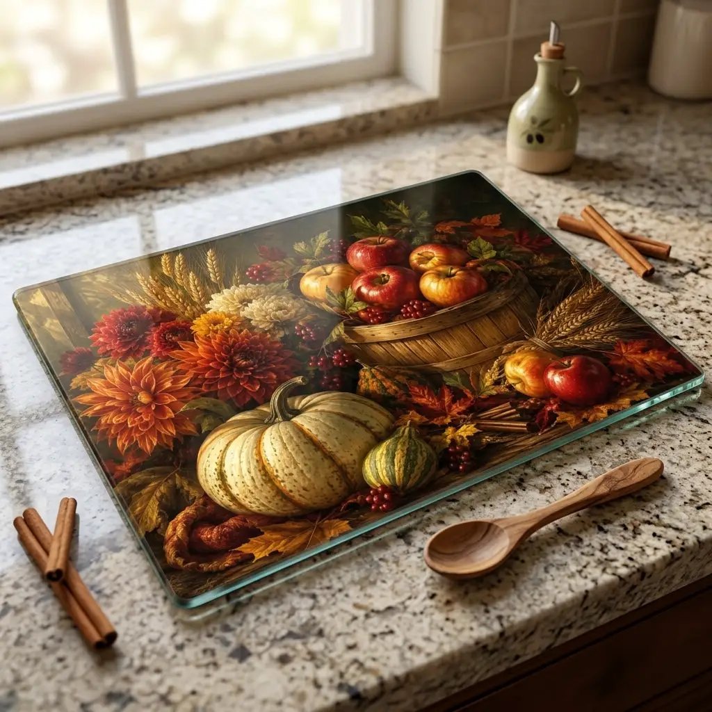 Apple Harvest Glass Cutting Board, Fall Farmhouse Kitchen Decor, Pumpkin Apple Cutting Board, Autumn Kitchen Gift
