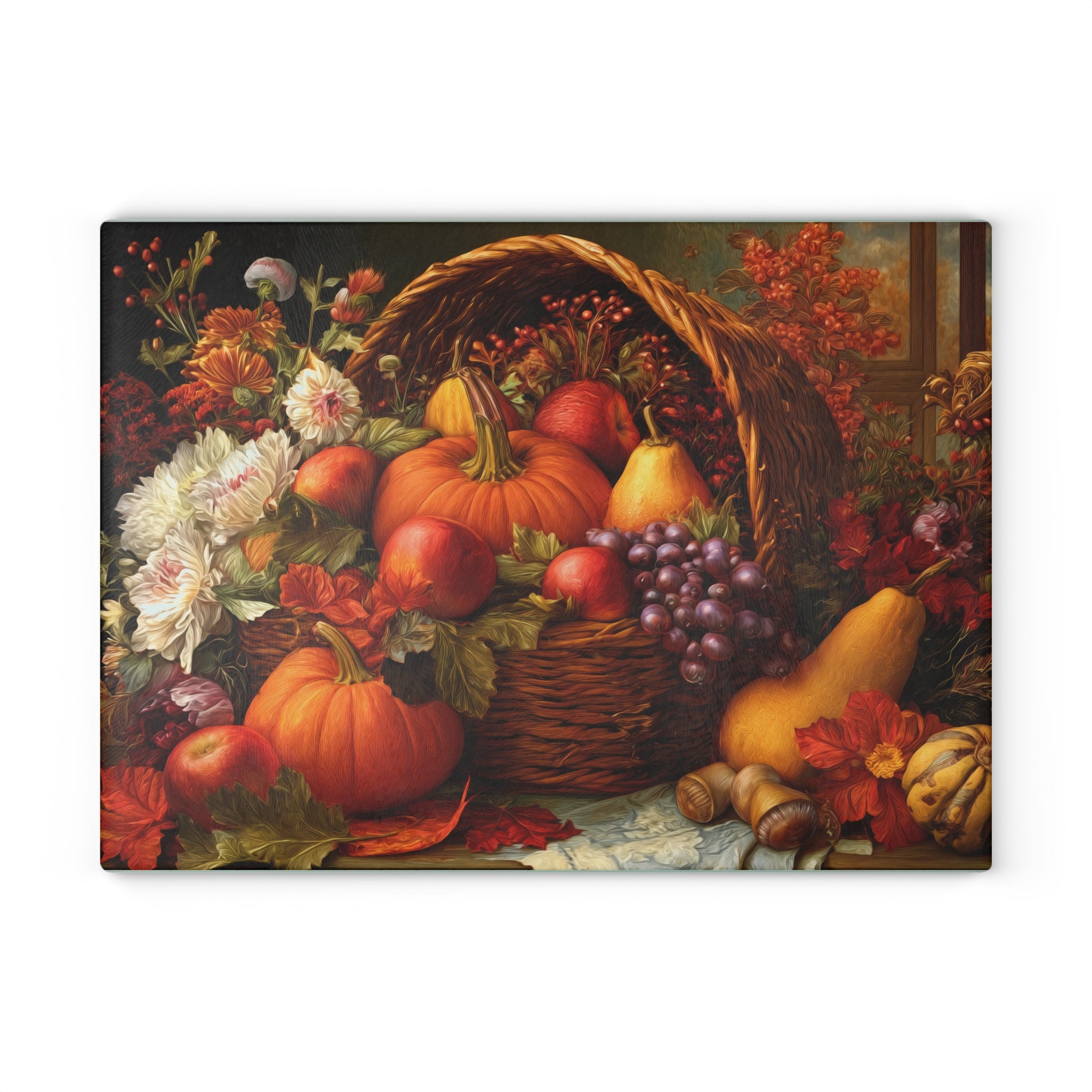 Autumn Harvest Glass Cutting Board — Pumpkin & Fruit Still Life Kitchen Décor