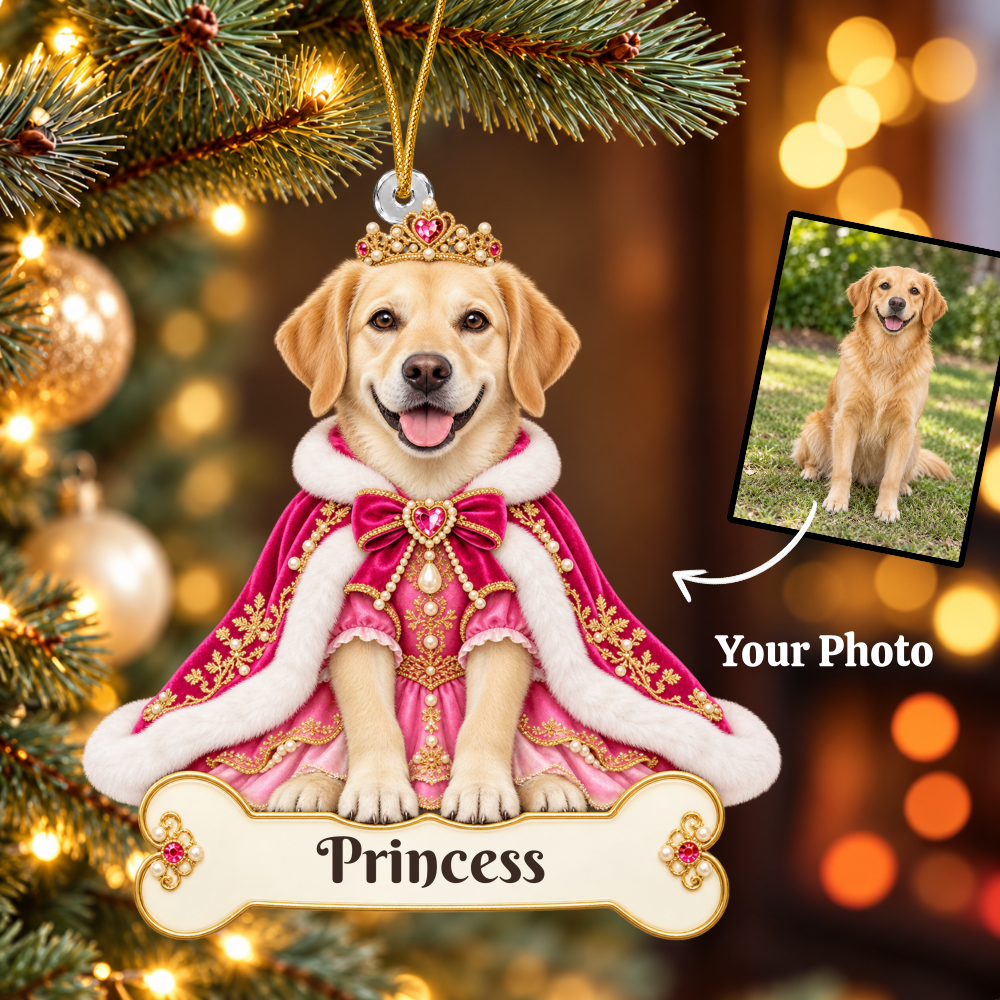 Personalized Princess Dog Ornament from Photo, Custom Pet Portrait Acrylic Cutout, Pink Royal Puppy Christmas Ornament, Dog Mom Gift