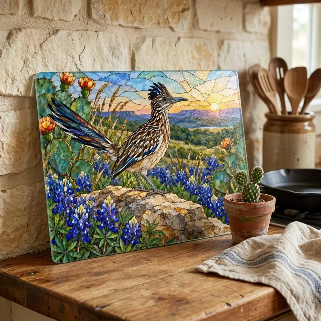 Roadrunner Glass Cutting Board, Southwestern Bird Kitchen Decor, Wildflower Landscape Chopping Board, Nature Lover Gift, Birdwatcher Gift