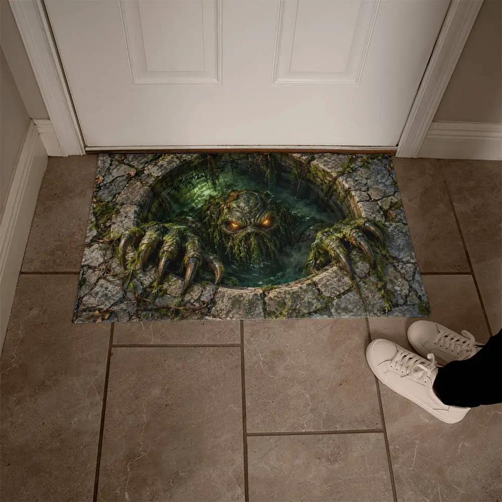 Swamp Monster 3D Optical Illusion Doormat, Creepy Sewer Monster Floor Mat, Scary Halloween Door Mat, Horror Home Decor