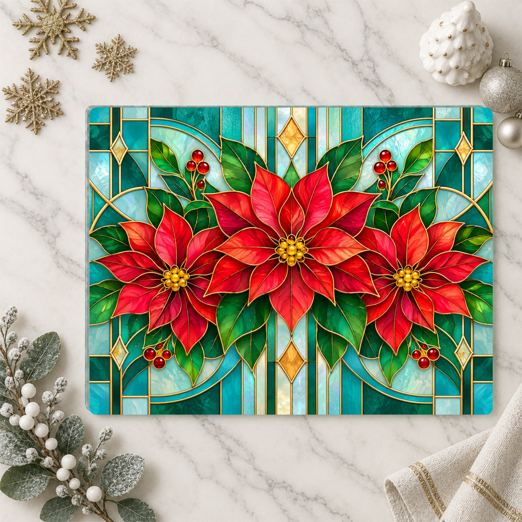 Christmas Poinsettia Glass Cutting Board, Stained Glass Floral Kitchen Decor, Holiday Serving Board, Festive Cooking Gift for Home Chefs